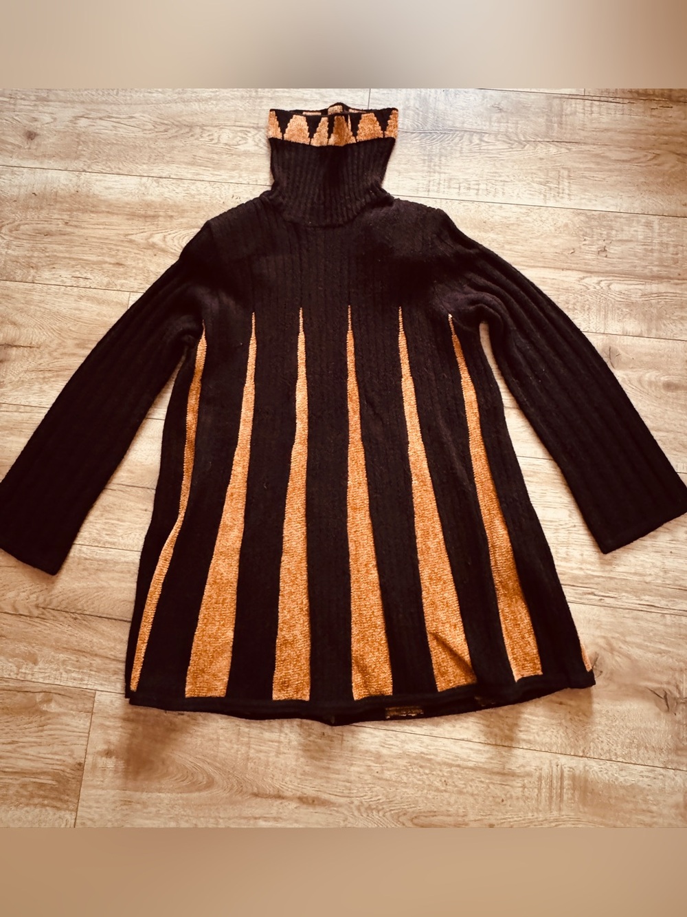Black and Copper Turtleneck Striped Women's Sweater Trapeze Mini Dress